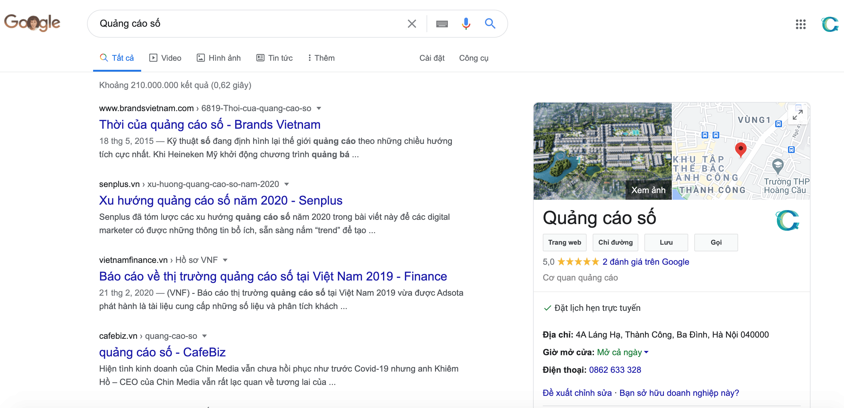Thông tin Quảng Cáo Số sau khi đã được xác minh trên Google Maps
